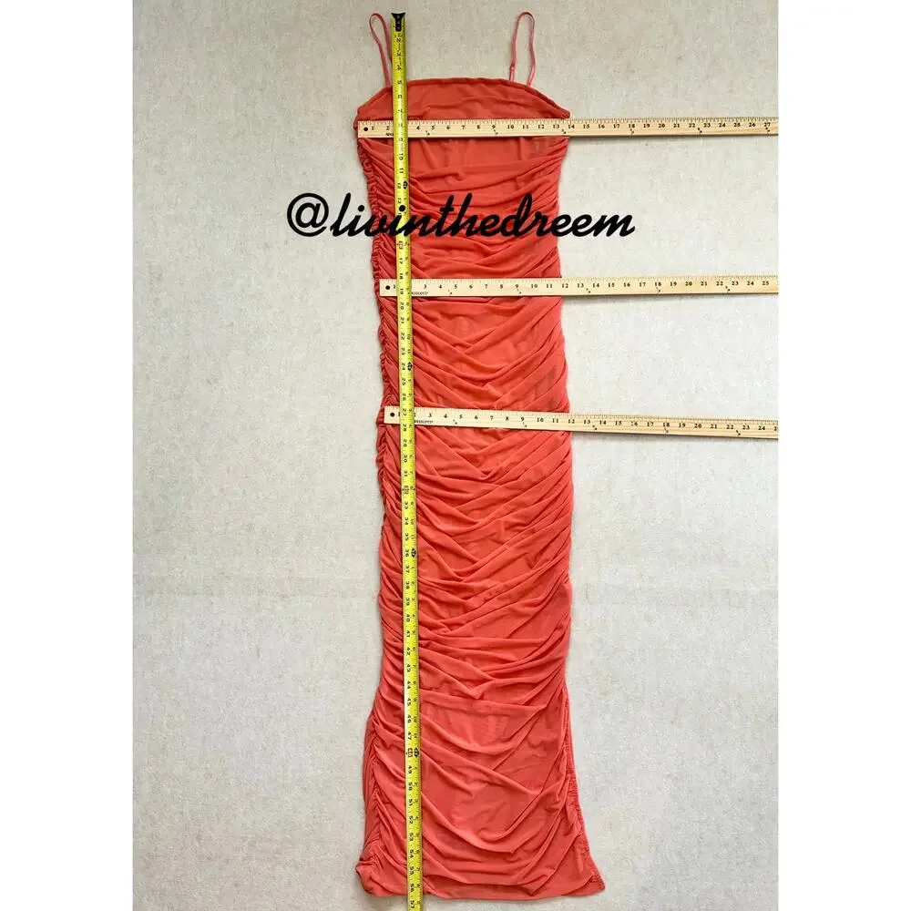 Venus Coral Ruched Bodycon Side Slit Maxi Dress SZ M